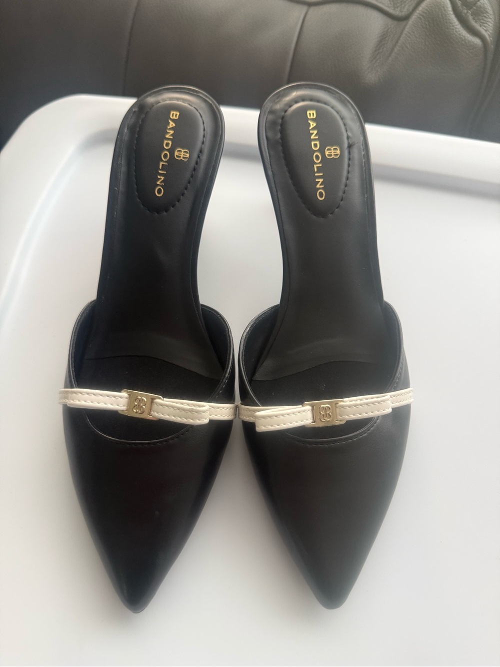 Bandolino Black Pointed kitten heels with Cream Strap and Gold Accent